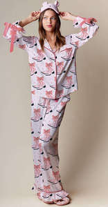 Conjunto de Pijama de Satén para Mujer con Estampado de Cerezas, Manga Larga, Largo Completo, Suave, Transpirable, Cintura Elástica, Cuello Alto, Cintura Media, Ropa de Dormir - Product Image 3