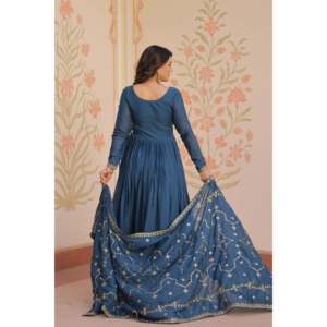 Star Georgette Zari and <b>Sequins</b> Embroidered Wedding Gown with Dupatta - Product Image 3