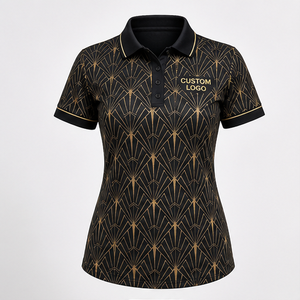 เสื้อโปโลผู้หญิงลายพัดอาร์ตเดโคสีดำทองแบบกำหนดเอง แห้งเร็ว ระบายอากาศได้ดี แขนสั้น ชุดยูนิฟอร์มทีมกอล์ฟ WPS-0762 - Product Image 1