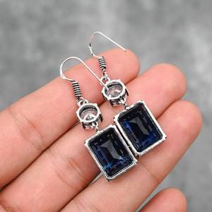 Boucles d'oreilles saphir bleu serties clos, en argent sterling 925, pierres précieuses naturelles, bijoux faits main, élégantes et charmantes, pour anniversaire - Product Image 4