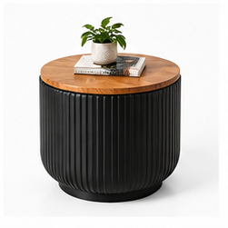 Table d'appoint et table centrale rondes en céramique côtelée noire avec plateau en bois, idéales pour les mariages et le salon - Product Image 1