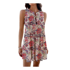 Robe courte sans manches pour femme, tenue tendance, vente chaude, longueur mi-cuisse, imprimé bohème, style gypsy, en coton, robe de soirée, style indien et pakistanais - Product Image 2