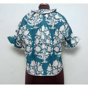 Blusa de Verano de Manga Corta con Cuello Mandarín, Estampado Floral Dulce Vintage, Corte Regular, 100% Algodón Lavable, Estilo Casual y Femenino - Product Image 6