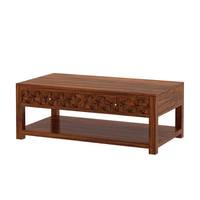 Table console en teck massif de haute qualité avec une finition brun foncé et deux tiroirs, conçue pour une utilisation dans le salon.