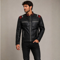 Blouson Moto Homme en Cuir Véritable Effet Vieilli, Style Cafe Racer, Noir avec Rayures Rouges, Col Montant, Cuir Ciré Vintage