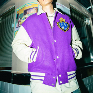 <b>Men's</b> Purple <b>White</b> Varsity <b>Jacket</b> Preppy Style Embroidered Patch Design Turn-down Collar Regular Fit Autumn Wear - Product Image 4