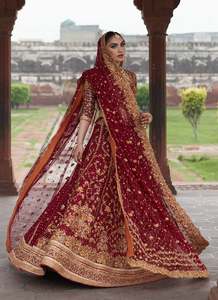 Burgundy Bridal <b>Lehenga</b> Set Floor-Length Traditional Heavy Embroidered A-Line Silhouette Wedding Blouse Dupatta Net Party Outfit - Product Image 3