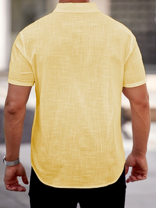 Customized Brand Men's Yellow Short Sleeve Linen Shirt Solid Casual Breathable Summer Woven Fabric Button Collar Pocket Design - Product Image 5