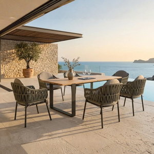 BOSCO Outdoor Dining Set Rope Woven Chairs with Teak Wood Top <b>Table</b> Patio Furniture - Product Image 1