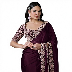 ส่าหรีผ้าเครปปักสีม่วงมีในสต็อก - Product Image 1