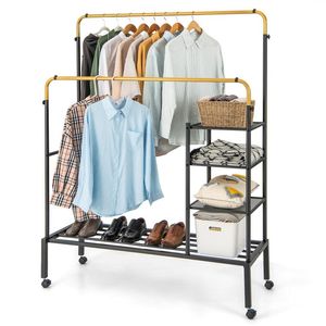 Porte-vêtements double à hauteur réglable avec barres de suspension et roulettes - Product Image 1