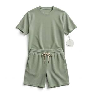 Ensemble de détente personnalisé pour homme en tricot gaufré d'été, T-shirt à manches courtes et short à cordon de serrage, 2 pièces, vert sauge pastel, microfleece respirant - Product Image 6