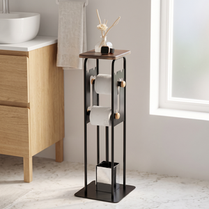 Porte-papier toilette moderne sur pied avec dessus en bois et design à niveaux pour salle de bain - Product Image 1