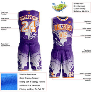 Conjunto de Uniforme de Baloncesto Sublimado Personalizado, Patrón de Mármol Morado y Blanco, Nombre del Equipo, Número 00, Ropa Deportiva Unisex que Absorbe la Humedad - Product Image 2