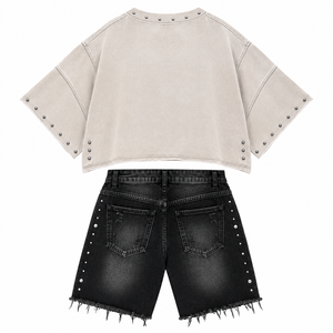 Ensemble chemise oversize effet vieilli et short en jean, tenue streetwear deux pièces cloutée - Product Image 2