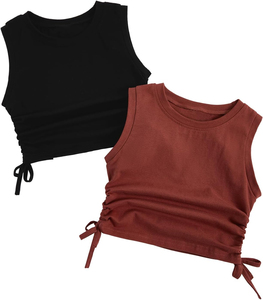 Top corto de punto transpirable sin mangas para mujer, con cordón lateral fruncido y diseño básico - Product Image 4