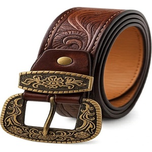 Cinturón de Cuero Genuino Estilo Western Vintage, Diseño Floral Tallado a Mano en Piel de Vaca con Hebilla de Latón, Cinturón de Cuero con Diseño Repujado - Product Image 1