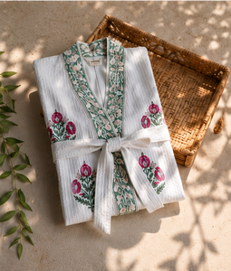 Peignoir midi élégant 100% Coton, imprimé floral au bloc, respirant, brodé, tricoté, décontracté, pour le printemps et l'été, vêtement d'intérieur, taille naturelle - Product Image 4
