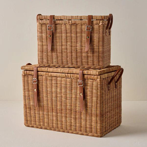 Coastal Boho Style Decorative Rattan Storage Trunk With Leather <b>Handles</b> New Design <b>Wicker</b> Storage Trunk Handmade For Home Decor - Product Image 3