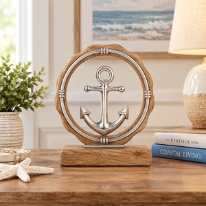 Handmade Silver Anchor Metal Statue Wooden Base Nautical <b>Ship</b> <b>Wheel</b> Figurine Tabletop Home Office Decoration Sculpture - Product Image 2