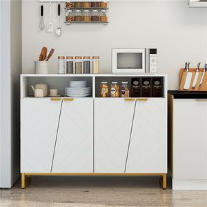 Credenza Moderna Bianca per Soggiorno con 2 Ripiani Aperti e Doppi Armadietti a 2 Ante con Porte Irregolari e Maniglie Dorate - Product Image 3