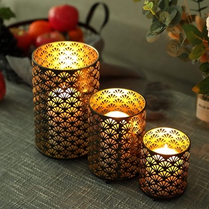 Matte Black And Gold Metal <b>Lanterns</b> With Scallop Laser Cut Pattern <b>Set</b> Of 3 Cylindrical Votive Holder For Festive Ambiance - Product Image 5