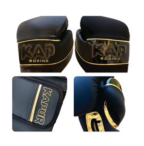 Gants de boxe personnalisés en cuir noir et or, professionnels, pour entraînement et sparring, vente en gros, OEM, marque privée, fabricant de luxe KAP - Product Image 4