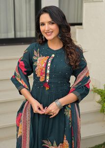 Elegant Turquoise 60x60 Cotton A Line <b>Suit</b> Set with <b>Floral</b> Handwork Kurta Coordinated <b>Trousers</b> and Printed Dupatta for Women - Product Image 3