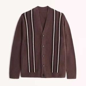 Cárdigan transpirable de mezcla de algodón con cuello en V para hombre, estilo vintage, con rayas, de punto, con botones, suéter de moda. - Product Image 1