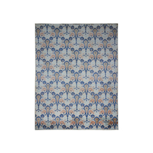 Tapis Damassé Traditionnel en Laine et Soie Noué à la Main Bleu Glacé et Pêche à Poil Court 10' x 14' pour Salon - Product Image 1