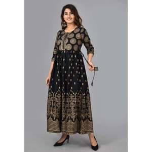 Vestido Anarkali Listo para Usar con Estampado de Rayón, Color Negro - Product Image 1