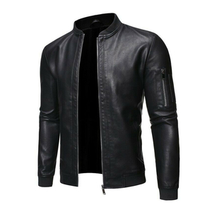 <b>Men's</b> PU Black Leather Stand Collar Zipper Closure Moto Biker Style Solid Slim Fit Autumn Wear Bomber <b>Jacket</b> <b>For</b> Online Sale - Product Image 2