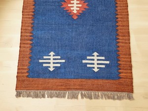 Handmade Kilim Area Rug Geometric Pattern Blue <b>Brown</b> Rectangle Flatweave <b>Wool</b> Acrylic Jute Backing Living Room Prayer Rug - Product Image 3