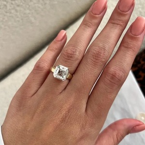 Asscher Cut Lab Grown Diamond Unique Bezel Set Art Deco Engagement <b>Ring</b> Two Tone Flush Fit <b>Thick</b> Band IGI Certified 3mm - Product Image 3