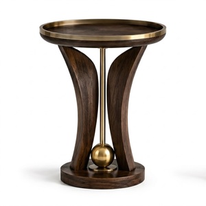 Mango Wood <b>Walnut</b> Finish Round TOP Spiral Design Metal Base Brass Finish with Round Wooden Ball Side <b>Table</b> For Home Living Decor - Product Image 2