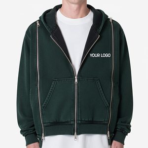 Sweat-shirt à capuche zippé vert foncé pour homme, coupe oversize, double fermeture éclair, logo sur le devant, style décontracté, polyester/coton, effet délavé - Product Image 4