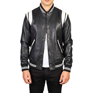 Veste universitaire en cuir élégante avec un design bicolore, des détails côtelés et des boutons-pression sécurisés sur le devant - Product Image 4