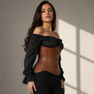 Faja Reductora de Cintura de Cuero Marrón para Mujer con Remaches Dorados y Cierre de Gancho y Ojo, Control Firme - Product Image 3