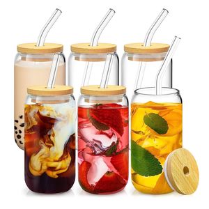 Set di 6 Bicchieri Riutilizzabili da 16OZ in Vetro con Coperchi in Bambù, Cannucce in Vetro e Spazzola per la Pulizia, per Caffè Freddo e Frullati, 100% Vetro - Product Image 1