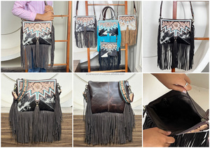 Bolso Bandolera de Cuero Genuino con Flecos, Estilo Bohemio, Hecho a Mano, de Moda, de Gran Venta, con Asa Cruzada y Diseño de Pelo de Vaca - Product Image 3