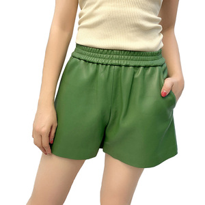 Women's High Waist Green <b>PU</b> Coated <b>Shorts</b> With Pockets Casual Loose Fit Elastic Waist Satin Fabric - Product Image 1