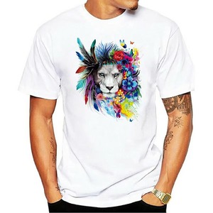T-shirt blanc à manches courtes pour homme, imprimé floral lion, décontracté, été, respirant, tissu popeline, impression numérique, logo sur le devant - Product Image 1