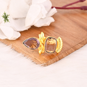 Stylish Trendy Purple Amethyst Hydro <b>Two</b> <b>Stone</b> Gemstone <b>Ring</b> for Women Brass Gold Plated Adjustable Jewelry - Product Image 2