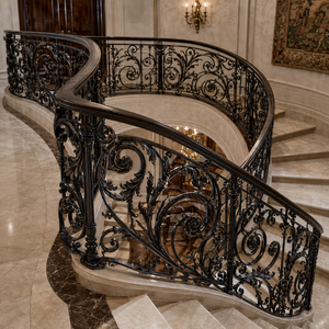 Classic Black Wrought <b>Iron</b> Stair Railing Ornate Scroll Balustrade Curved Handrail Luxury Villa Hotel Supplier - Product Image 3