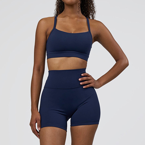 Women's Navy Blue Seamless Yoga Legging Spaghetti Strap Scoop <b>Neck</b> <b>Light</b> Support Solid Color Breathable Front Logo Activewear - Product Image 3