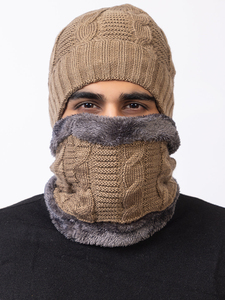 Ensemble bonnet tricoté et cache-cou en fausse fourrure pour homme, style décontracté et uni - Product Image 3