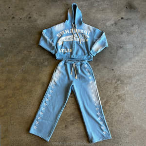 Veste courte zippée en molleton de coton épais délavé à l'acide avec patchs appliqués, style streetwear, et pantalon de survêtement – Collection Hiver du fabricant - Product Image 2