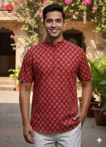 Kurta Corta Étnica India y Pakistaní para Hombre, Kurta de Algodón Estampado, Diseño Elegante, Ropa Tradicional para Bodas y Fiestas - Product Image 4