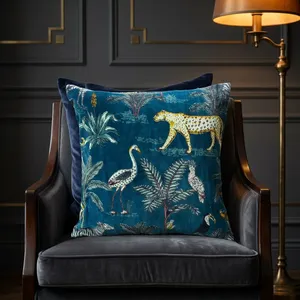 Teal <b>Blue</b> Cotton Velvet Pillow home text Cover with Leopard Birds and Forest Print Luxury Decorative <b>Throw</b> Cushion Cover - Product Image 2
