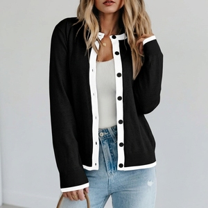 Suéter Cárdigan de Punto Personalizado al por Mayor para Mujer, Diseño con Ribete en Contraste, para Moda Casual, Suave - Product Image 1
